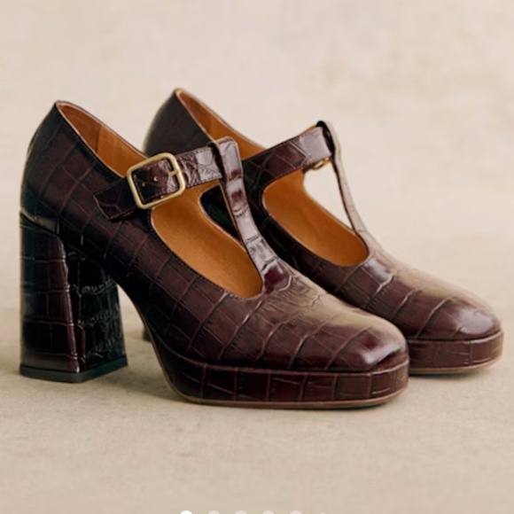 Sezane Monique High Mary Janes Brown Croco - Size 9 - Picture 1 of 7